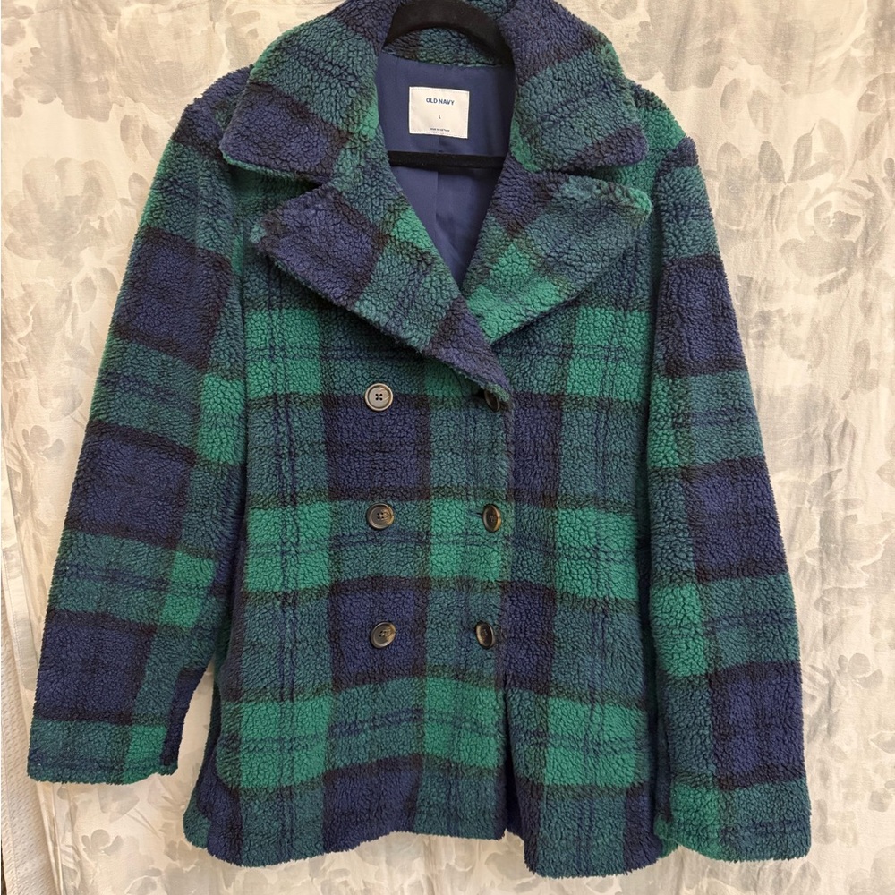 Plaid Fleece Double-Breasted Jacket - Green and Blue EUC
